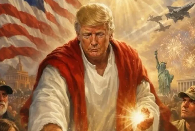 El mandatario republicano subió dicha imagen en su red social Truth y en ella también aparece rodeado de militares, sanitarios y una mujer civil rezando.