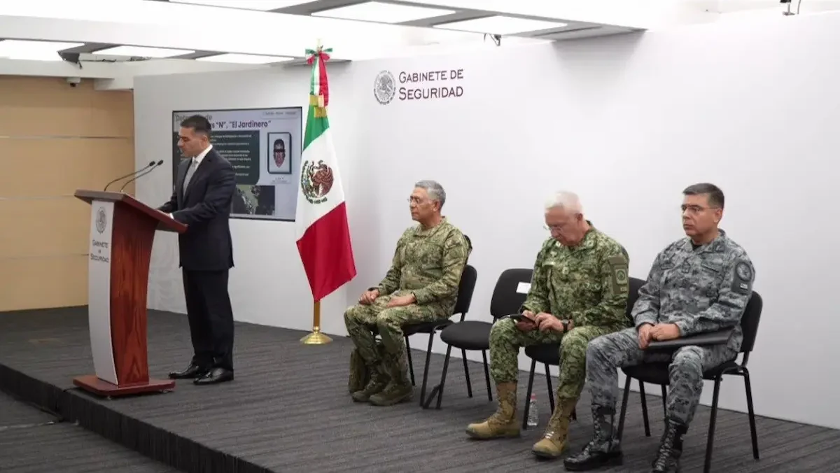 El titular de la SSPC, Omar García Harfuch, durante la conferencia de prensa del gabinete de seguridad