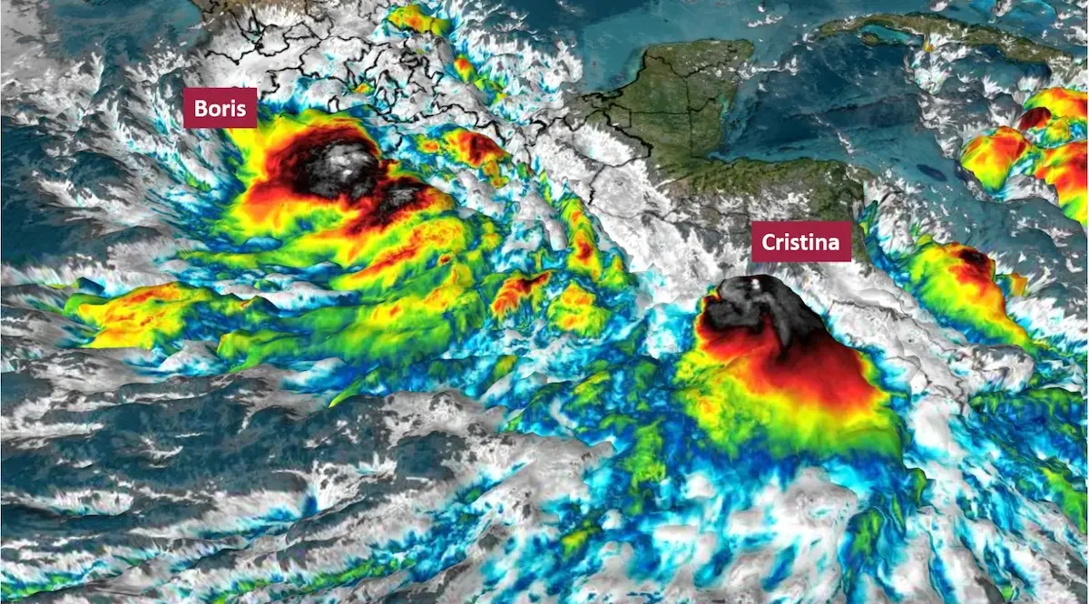 Las bandas nubosas de 'Boris' mantendrán lluvias muy fuertes, rachas de viento y oleaje elevado en entidades del Pacífico mexicano.