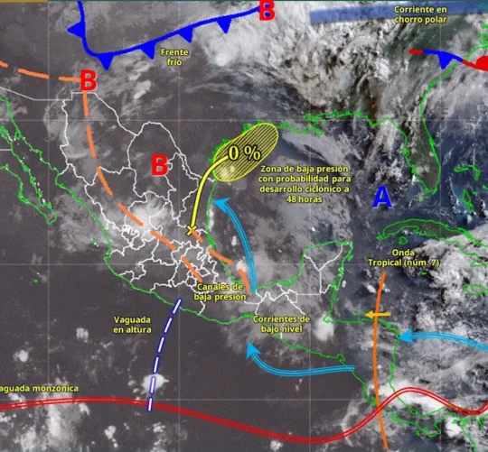El sistema continuará favoreciendo precipitaciones de consideración, además de lluvias fuertes a muy fuertes en entidades del noreste, oriente y centro del territorio nacional.