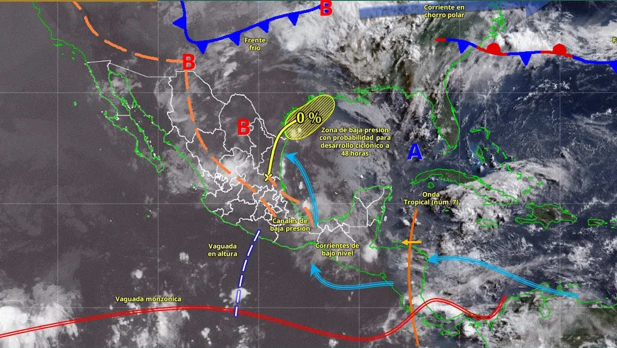 El sistema continuará favoreciendo precipitaciones de consideración, además de lluvias fuertes a muy fuertes en entidades del noreste, oriente y centro del territorio nacional.