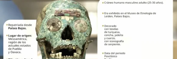 cráneo cubierto de piezas color turquesa de la cultura mixteca, que era exhibido en el Museo de Etnología de Leiden, en los Países Bajos.