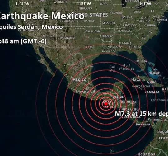 Mapa del epicentro del temblor en el estado de Chiapas, a 48 km al suroeste de la región de Aquiles Serdán