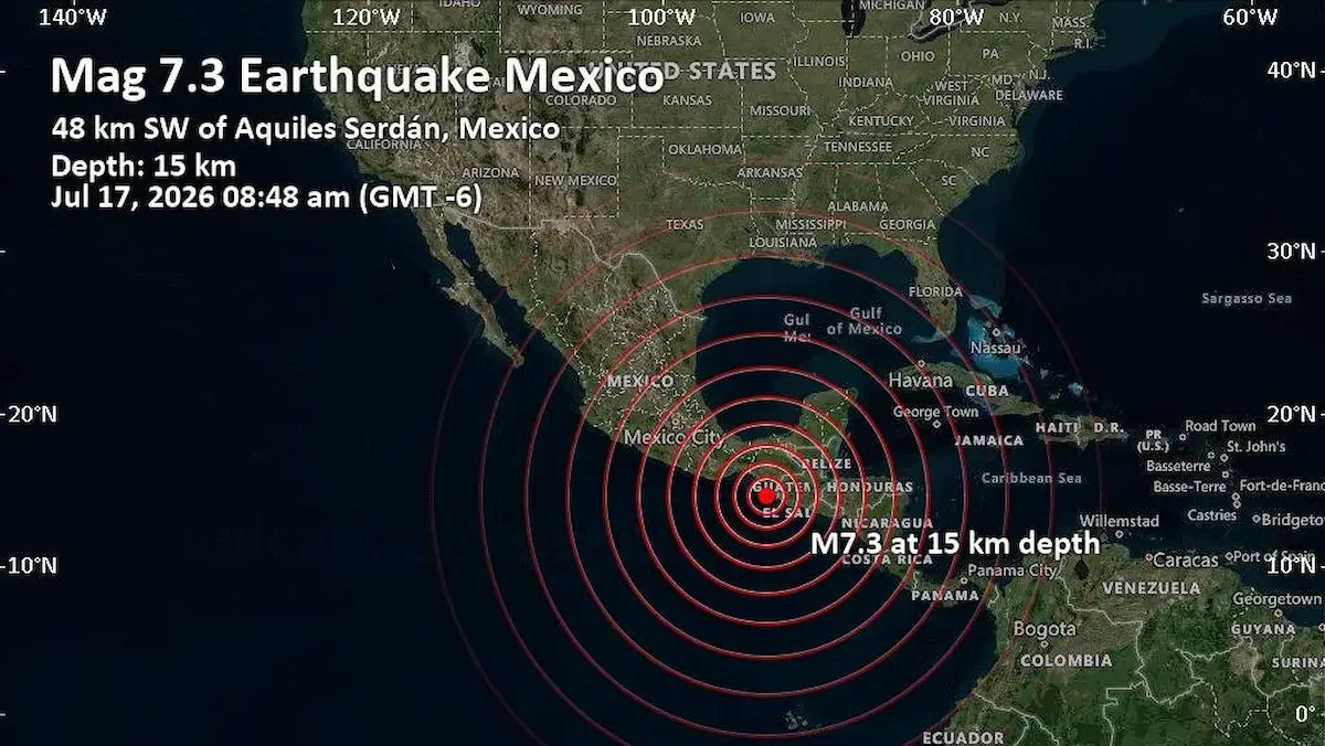 Mapa del epicentro del temblor en el estado de Chiapas, a 48 km al suroeste de la región de Aquiles Serdán