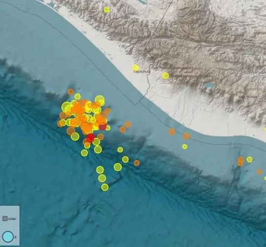 Imagen indica epicentro del sismo más fuerte y varias replicas registradas cerca de Chiapas.