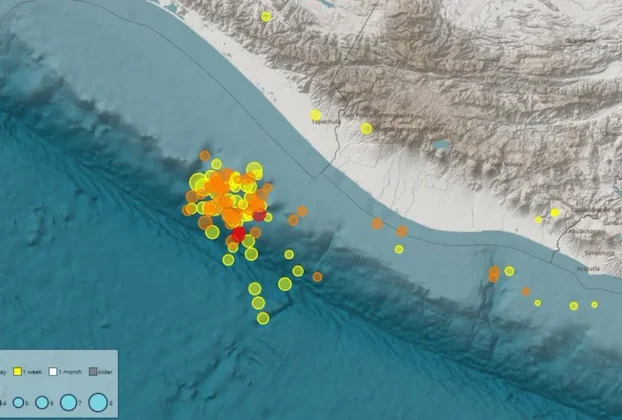 Imagen indica epicentro del sismo más fuerte y varias replicas registradas cerca de Chiapas.