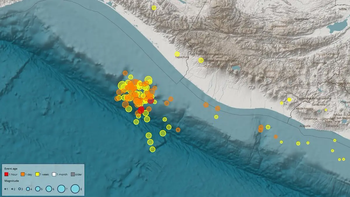 Imagen indica epicentro del sismo más fuerte y varias replicas registradas cerca de Chiapas.