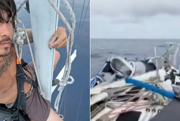 Kai Sato se quedó a la deriva cuando se rompió el mástil de su barco por fuertes vientos y se arruinó el teléfono de navegación.
