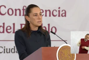 La Presidenta Claudia Sheinbaum durante su conferencia matutina desde Salón Guillermo Prieto en Palacio Nacional.