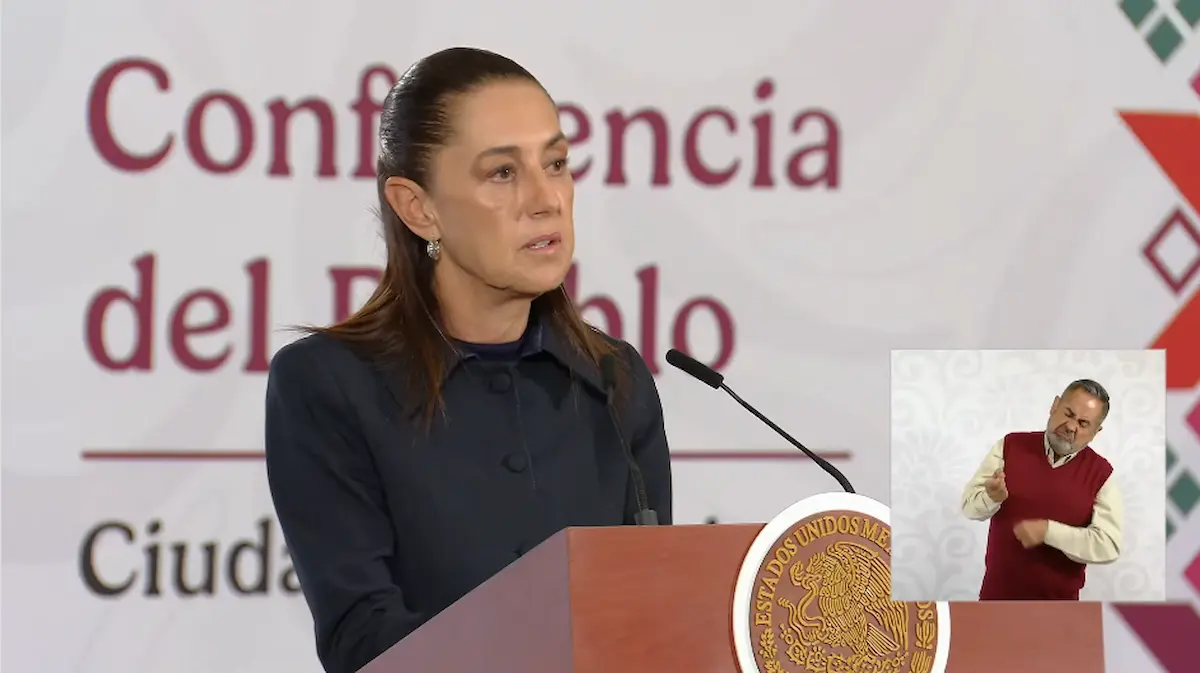 La Presidenta Claudia Sheinbaum durante su conferencia matutina desde Salón Guillermo Prieto en Palacio Nacional.