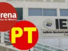 Logotipos de Morena y PT y la fachada del Instituto Electoral Estatal