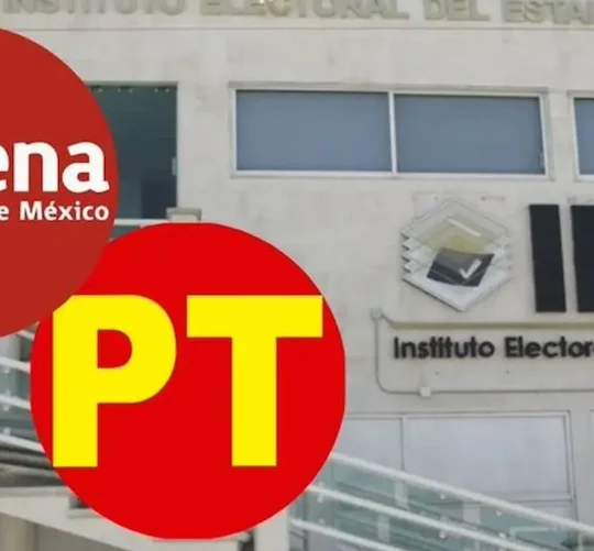Logotipos de Morena y PT y la fachada del Instituto Electoral Estatal