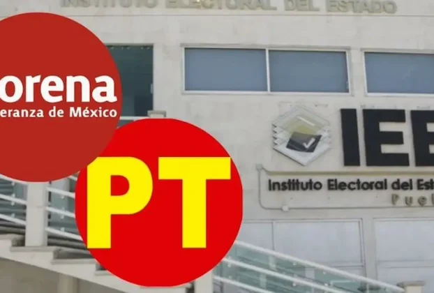 Logotipos de Morena y PT y la fachada del Instituto Electoral Estatal