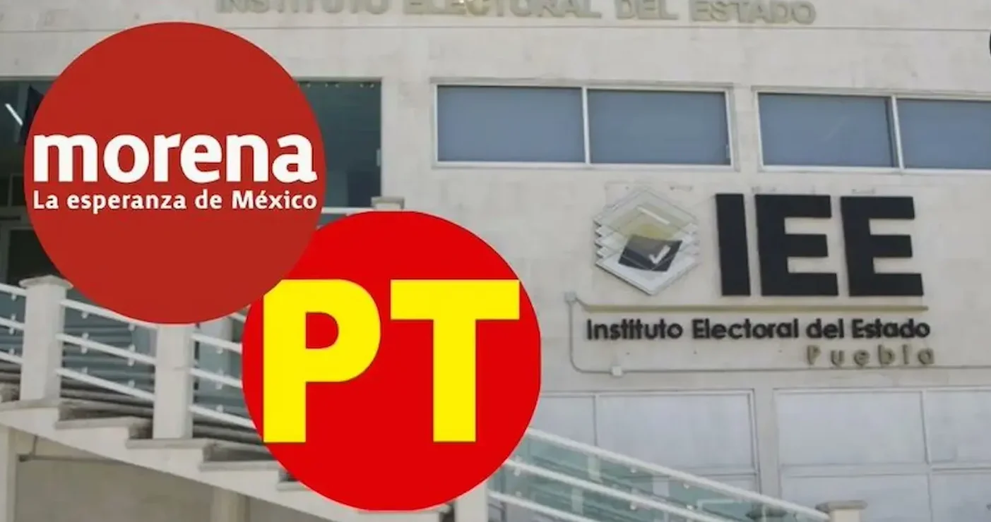 Logotipos de Morena y PT y la fachada del Instituto Electoral Estatal