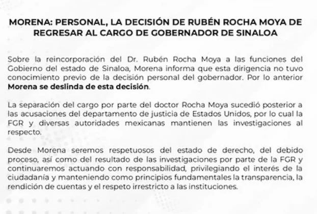 Imagen del comunicado compartido por Morena en redes sociales