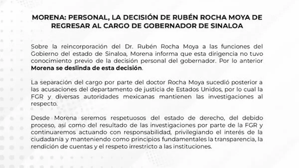Imagen del comunicado compartido por Morena en redes sociales