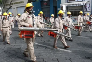 Desfile simbólico por las calles del Centro Histórico de Tehuacán, con la participación de personal de Vectores y de salud