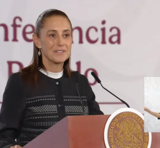 La Presidenta Claudia Sheinbaum durante su conferencia matutina desde Salón Guillermo Prieto en Palacio Nacional.
