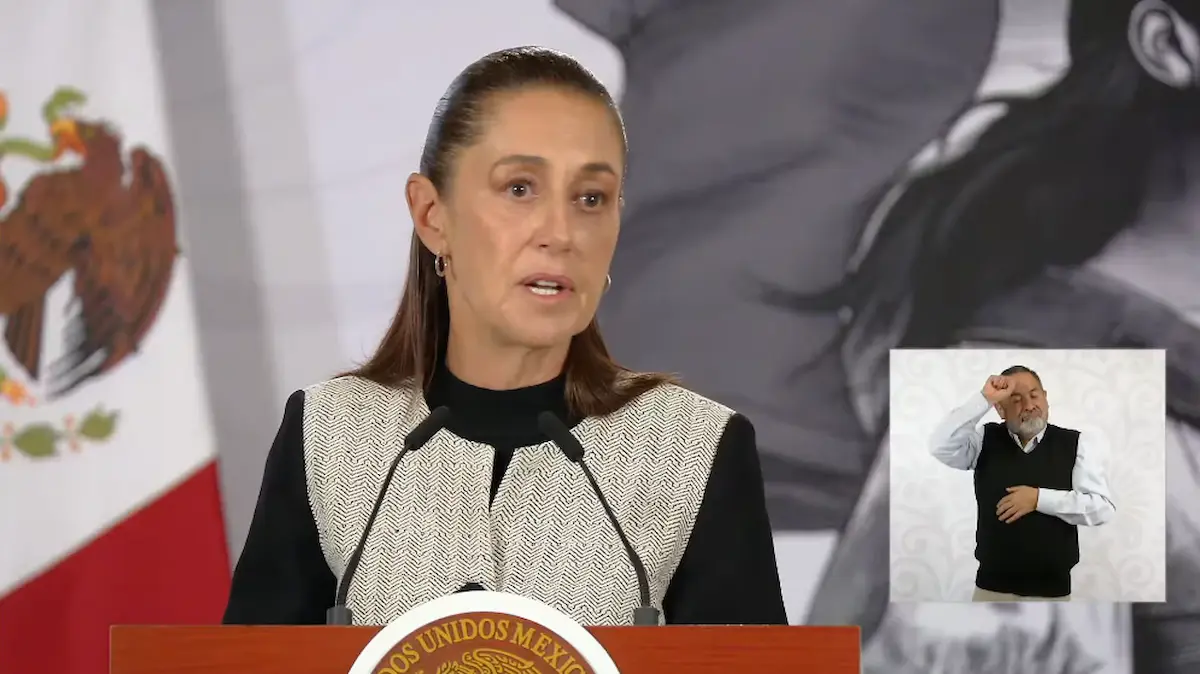 La Presidenta Claudia Sheinbaum durante su conferencia matutina desde Salón Guillermo Prieto en Palacio Nacional.