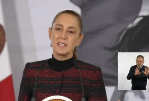 La Presidenta Claudia Sheinbaum durante su conferencia matutina desde Salón Guillermo Prieto en Palacio Nacional.