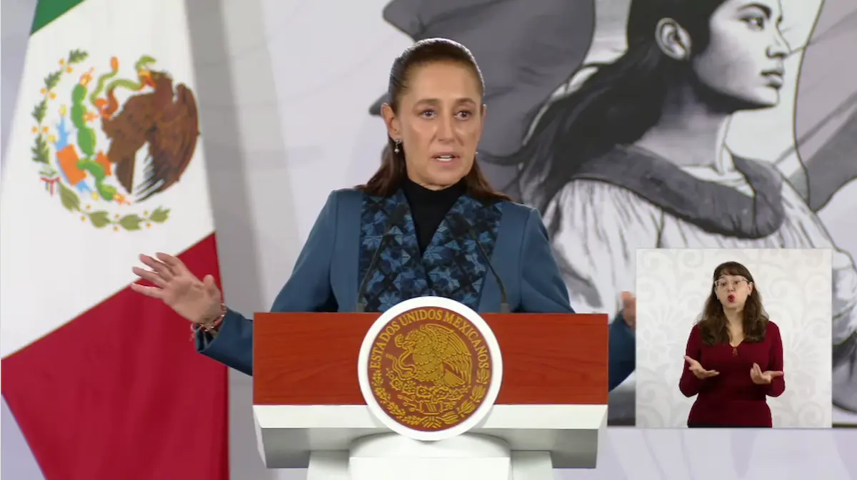 La Presidenta Claudia Sheinbaum durante su conferencia matutina desde Salón Guillermo Prieto en Palacio Nacional.