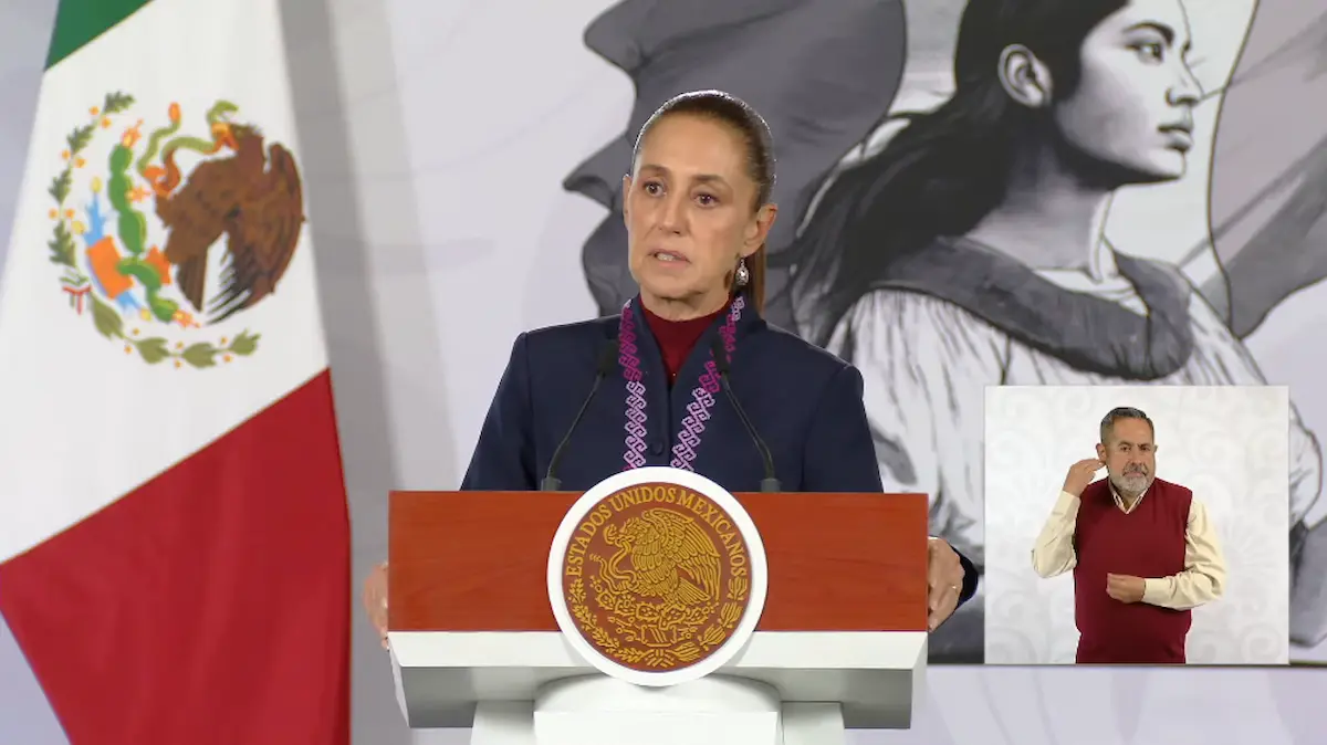 La Presidenta Claudia Sheinbaum durante su conferencia matutina desde Salón Guillermo Prieto en Palacio Nacional.