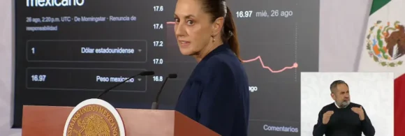 La Presidenta Claudia Sheinbaum durante su conferencia matutina desde Salón Guillermo Prieto en Palacio Nacional.