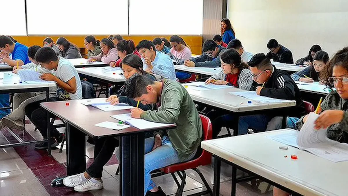 Jóvenes realizando examen presencial