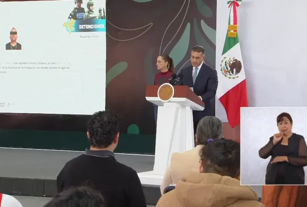 La Presidenta Claudia Sheinbaum y el secretario de Seguridad y Protección Ciudadana, Omar García Harfuch durante la conferencia matutina desde el 52° Batallón de Infantería en Guadalupe, Zacatecas
