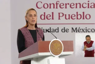 La Presidenta Claudia Sheinbaum durante su conferencia matutina desde Salón Guillermo Prieto en Palacio Nacional.