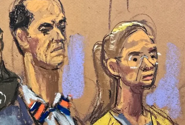 Dibujo que muestra a la esposa del presidente depuesto de Venezuela, Cilia Flores, junto al abogado defensor Mark Donnelly, durante una audiencia de seguimiento