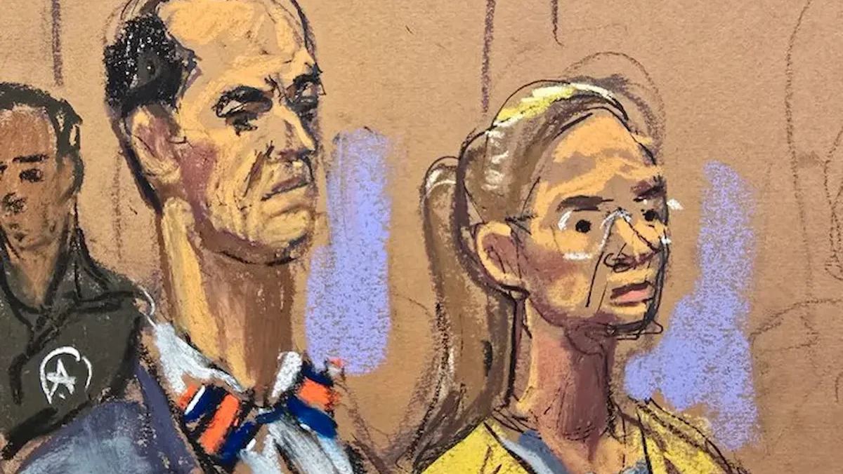 Dibujo que muestra a la esposa del presidente depuesto de Venezuela, Cilia Flores, junto al abogado defensor Mark Donnelly, durante una audiencia de seguimiento