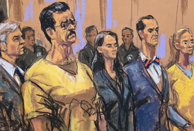Ilustración de audiencia del presidente venezolano Nicolás Maduro y su esposa, Cilia Flores,