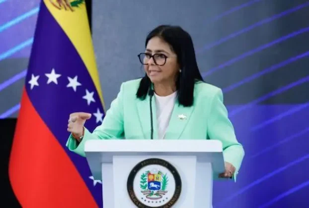 La presidenta de Venezuela, Delcy Rodríguez en la instalación de la 82 asamblea anual de Federación de Cámaras y Asociaciones de Comercio y Producción de Venezuela (Fedecámaras).
