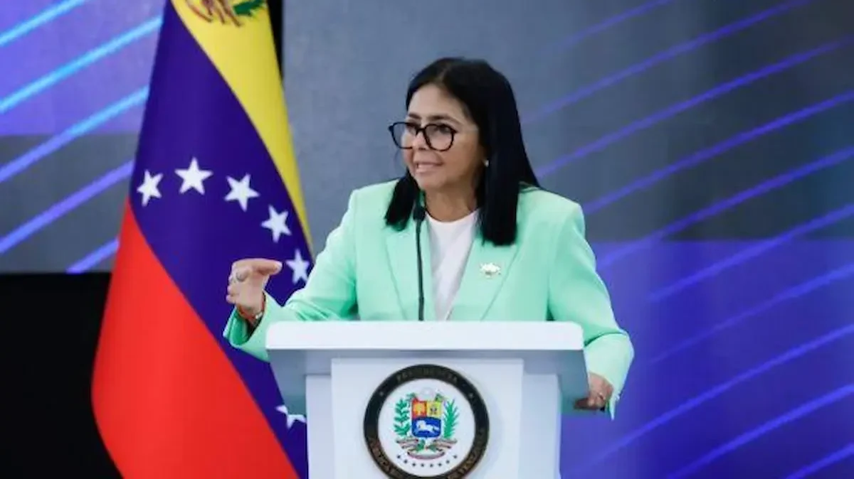 La presidenta de Venezuela, Delcy Rodríguez en la instalación de la 82 asamblea anual de Federación de Cámaras y Asociaciones de Comercio y Producción de Venezuela (Fedecámaras).
