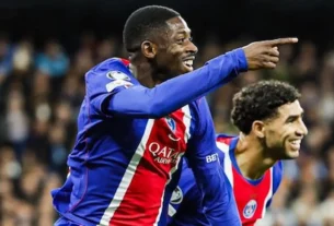 Dembele celebra su gol ante el Manchester City