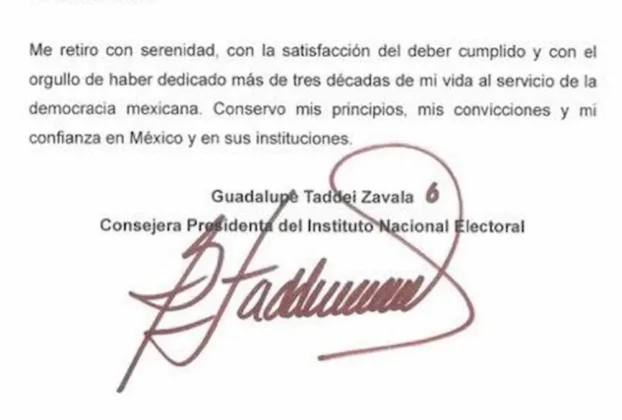 La Cámara de Diputados recibió el oficio de renuncia de Guadalupe Taddei a la Presidencia del Instituto Nacional Electoral (INE) la tarde del lunes 26 de octubre de 2026.