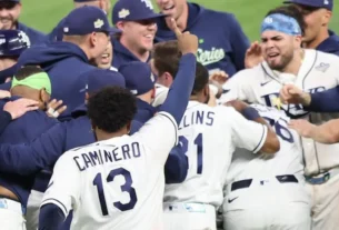 Los Rays de Tampa Bay celebran la victoria en el partido 4 de la serie mundial