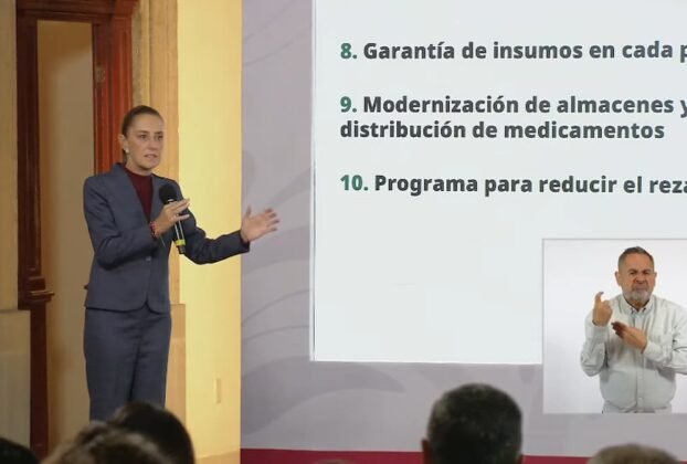 La Presidenta Claudia Sheinbaum durante su conferencia matutina desde Salón Guillermo Prieto en Palacio Nacional.