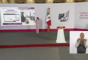 La Presidenta Claudia Sheinbaum durante su conferencia matutina desde Salón Guillermo Prieto en Palacio Nacional.