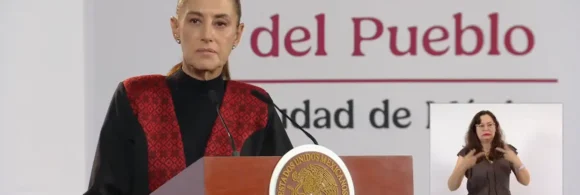 La Presidenta Claudia Sheinbaum durante su conferencia matutina desde Salón Guillermo Prieto en Palacio Nacional.