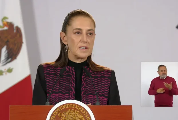 La Presidenta Claudia Sheinbaum durante su conferencia matutina desde Salón Guillermo Prieto en Palacio Nacional.